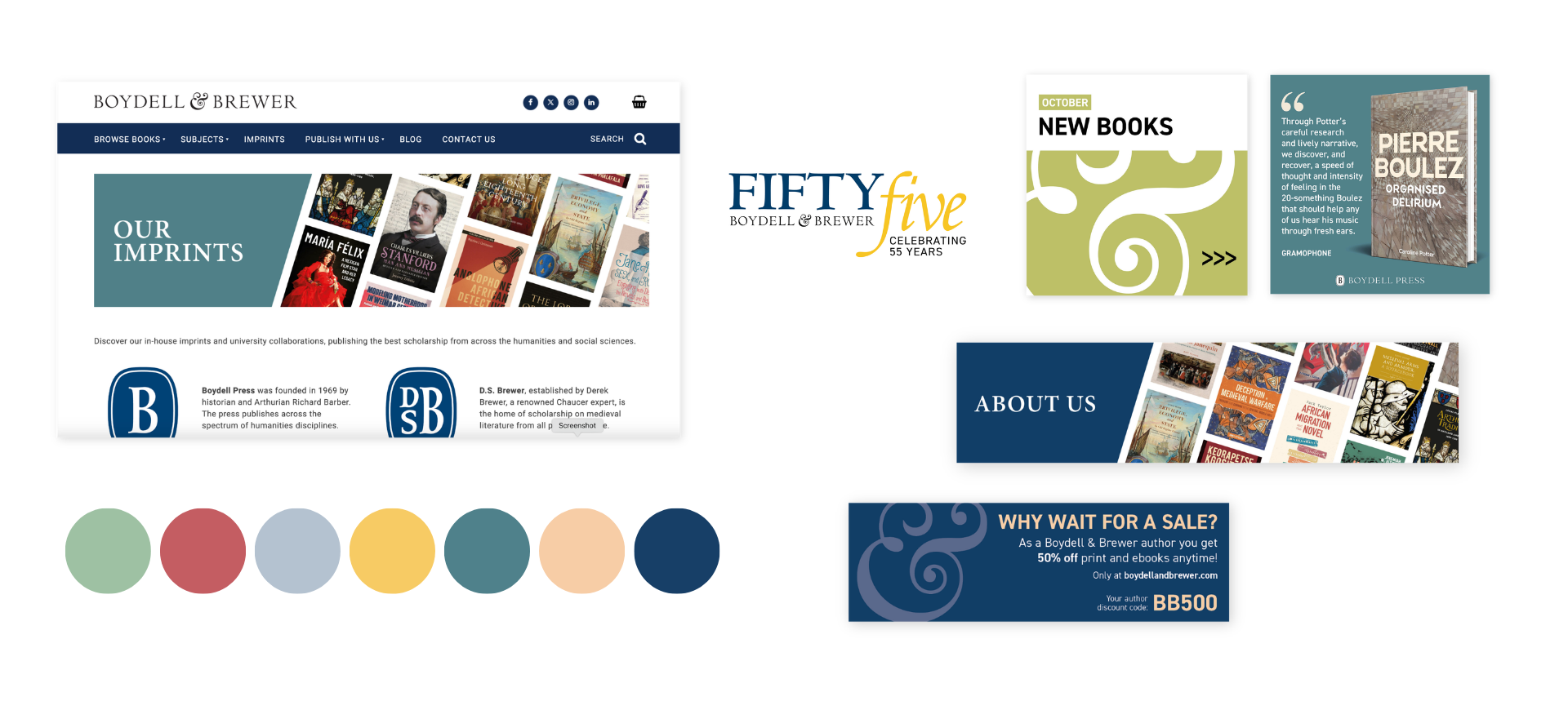 A selection of different visual elements in the previous Boydell & Brewer branding, including a website  page, social media imagery, banners and the brand colours. The old branding is a duller version of the updated colour scheme and features a more traditional serif font.